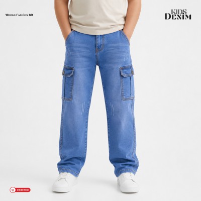 Kids Premium Cargo Denim Jeans – Light Blue