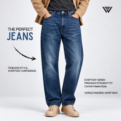 Premium Deep Blue Washed Straight Fit Denim Jeans