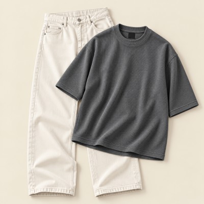 Pant and Drop Tee Combo - Off White & Deep Grey