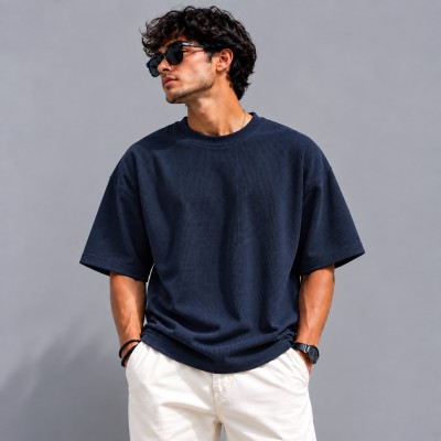 Premium Oversized Waffle Tee-[ NAVY BLUE ]