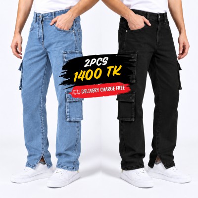 8 Pocket Cargo Denim Jeans Combo - MID BLUE & BLACK